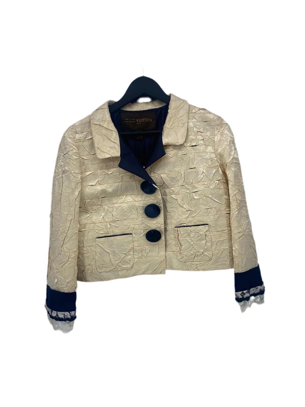 Veste courte beige col et boutons bleu marine
