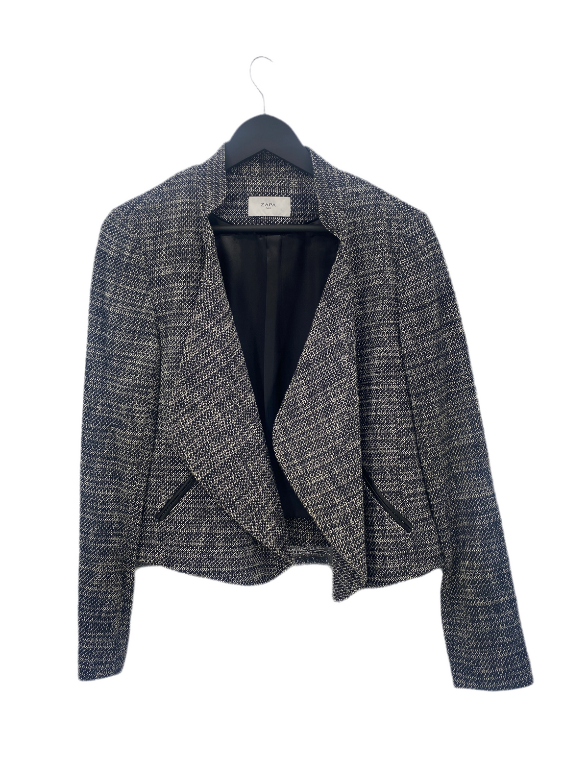 Veste courte bleu marine blanc poche en cuir