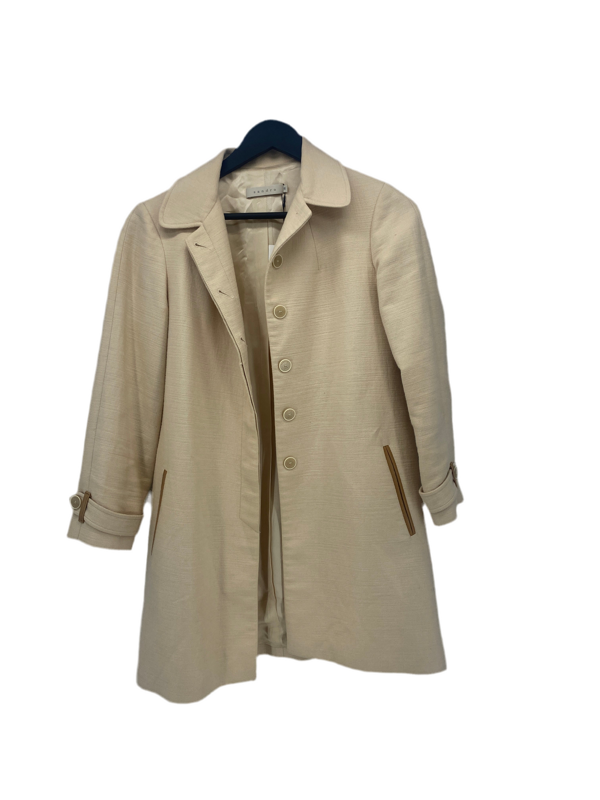 Manteau beige en lin poche en cuir camel